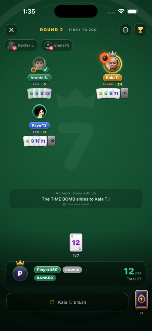 The Time Bomb card sliding around a Lucky 7 table